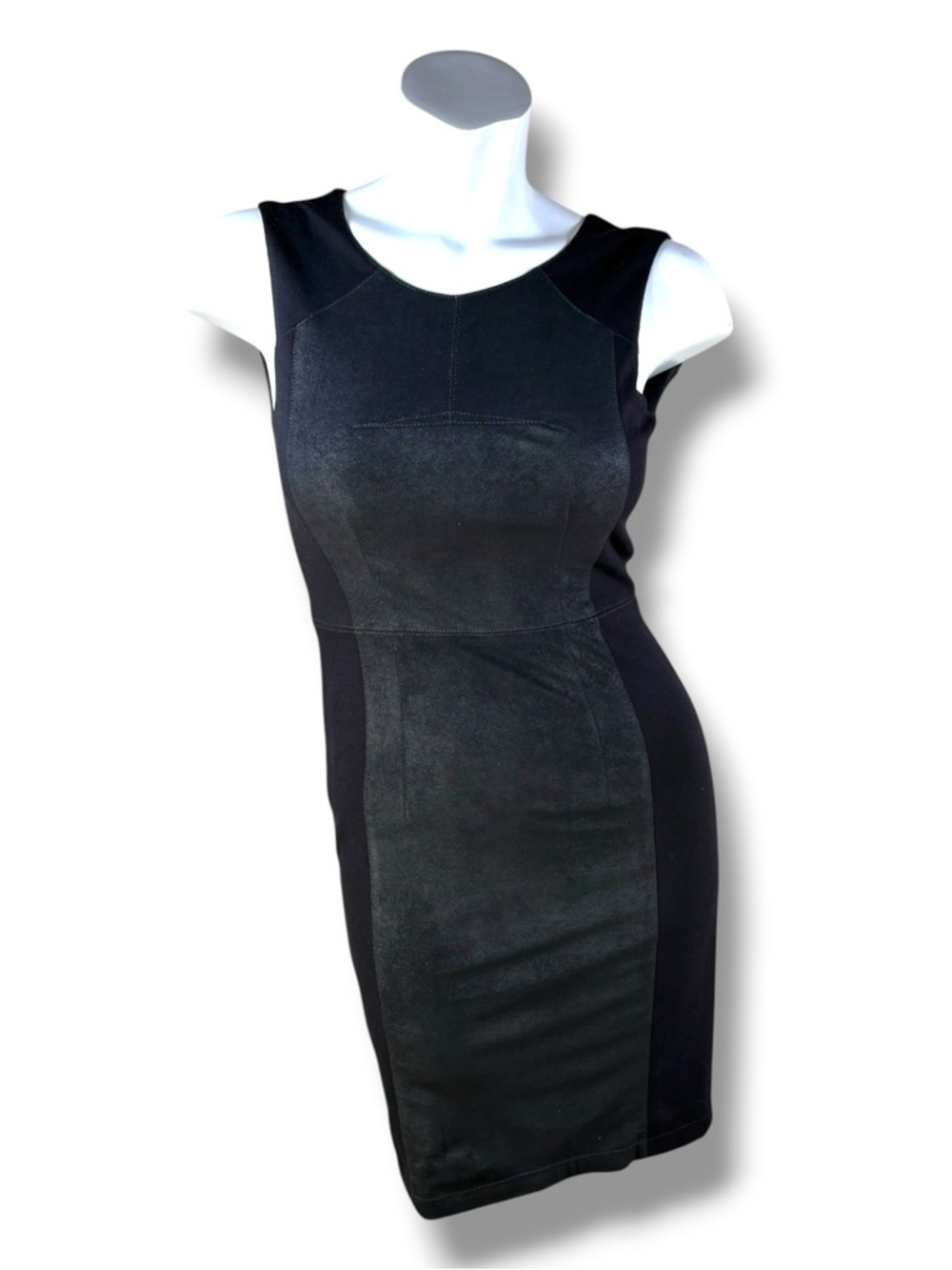 BCBGMaxAzria Black Sleeveless Faux-Suede Panel Midi Bodycon Dress in Size 02